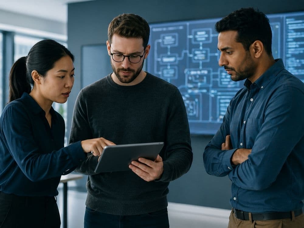 Engineers collaborating at a whiteboard